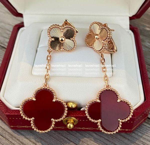 Boucles d'oreilles porte-bonheur trèfle à quatre feuilles, Style coréen, Long pompon rouge en filet, élégant pour femmes 7961949