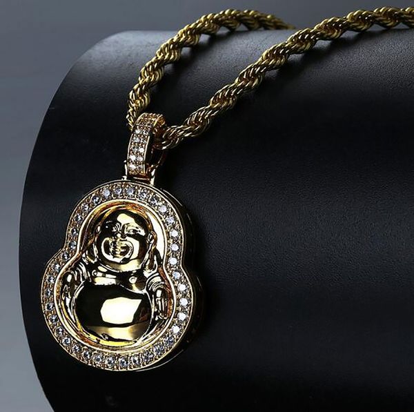 LUCKY GOLD BUDDHA CZ PENDENTIF BOUDDHISTE BLING SHINE HIP HOP COLLIER PENDENTIF EN ZIRCON CUBIQUE AVEC CHAÎNE DE CORDE DE 24 POUCES