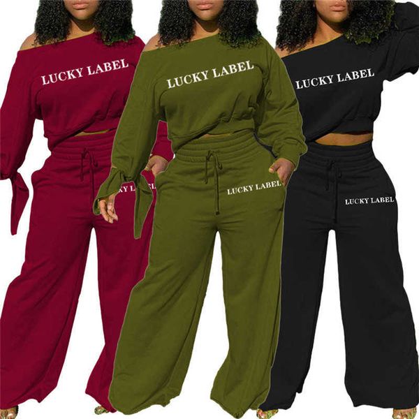 Lucky Label Piece Two Set Mujeres Sudaderas para ropa de otoño Chándal Bow Petal Manga Pantalones sueltos Venta al por mayor Drop 210930