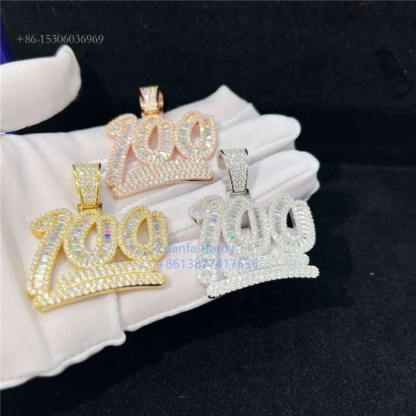 Baguette glacée porte-bonheur numéro 100, chaîne en diamant VVS, pendentif personnalisé hip hop Moissanite