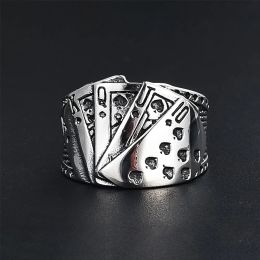 Bague de Poker porte-bonheur pour hommes et femmes, couleur argent 14K, or blanc, Punk, motard, Hip Hop, carte à jouer, bijoux de magicien