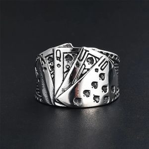 Lucky Poker Flush Ring Mannen Vrouwen Zilver Kleur 14 K Wit Goud Punk Biker Ring Hip Hop Speelkaart Ring goochelaar Sieraden