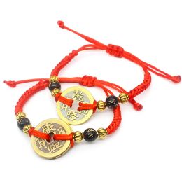 Lucky Red String Feng Shui Copper Coin Bracelet Bangle Handmade instelbare Verstelbaar Trek geld van geld van rijkdom aan voor baby kind volwassene
