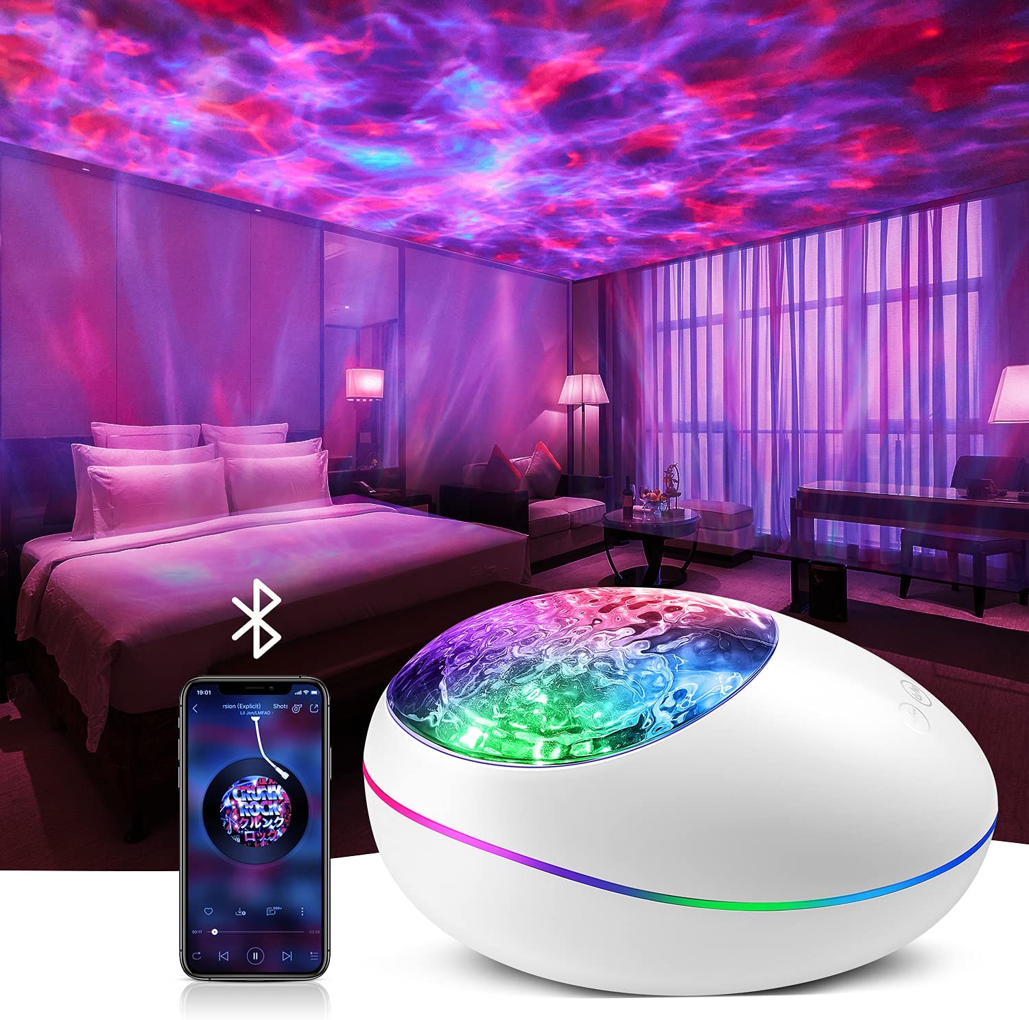 Lucky Stone Ocean Wave Projetor Night Light Lâmpada Bluetooth Music Player Controle Remoto Colorido Projeção LED Nightlight