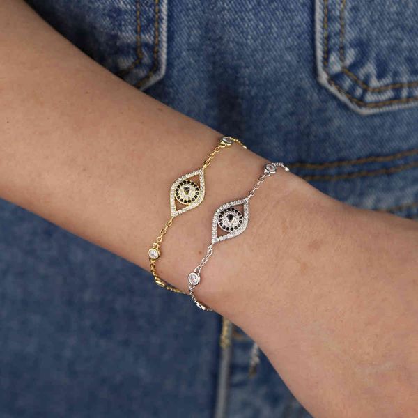 Chanceux Vintage turc mauvais œil bracelet à breloques mini rond CZ pavé lien chaîne bracelet bijoux pour femmes fortune bracelets à la mode