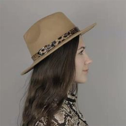 Luckylianji Leopard Lederen Band Solid Color Men Women Wide Brim Wol Filt Panama Hat Fedora Caps Pas size 57cm-us 7 1 82618