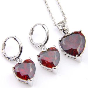 Luckyshien Vakantie Cadeau 2 Stuks Veel Hart Rode Granaat Hanger Oorbellen Sets 925 Zilveren Ketting Vrouw Charm Sieraden 264q