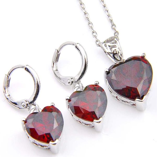 Luckyshien – ensemble de boucles d'oreilles et pendentif en forme de cœur rouge grenat, collier en argent 925, bijoux de charme pour femme, 2 pièces, 225w, cadeau de vacances, Lot de 2 pièces