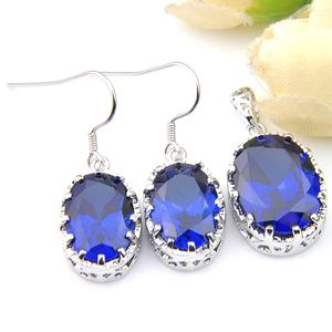 LUCKYSHINE 2018 Nieuwe Collectie Blauw Topaz Zirkoon Zilveren Ovaal Oorbellen Hangers voor Dames Sieraden Sets Verjaardag Gift