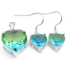 Conjunto de 2 uds para mujer, gemas de turmalina bicolor con corte de corazón, cristal plateado de plata de ley 925, circonita sólida, pendientes colgantes para novia, joyería