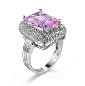 LuckyShien Handgemaakte 925 Verzilverd Delicate Enorme Vierkante Roze Topaz Crystal, Rhinestone Ringen Mode Populaire Ring Sieraden Lover's Ringen