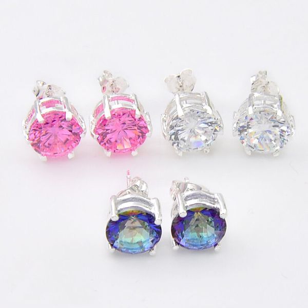 Luckyshine 3 paires de bijoux pour femmes boucles d'oreilles multicolores topaze mystique naturelle arc-en-ciel Zircon coupe ronde Lady Girls Stud livraison gratuite