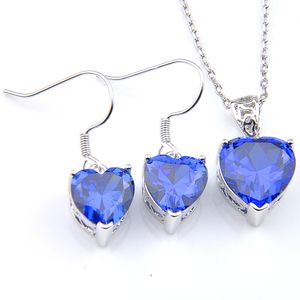 LuckyShine 5 Ensembles Cristal Zircon Coeur Topaze Bleu Boucles d'Oreilles et Pendentif Chaîne Collier 925 Argent Femmes Mode Mariage Ensembles LIVRAISON GRATUITE!