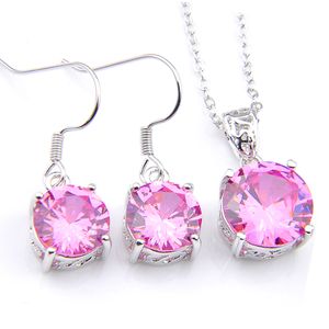 LuckyShine 5 ensembles 925 argent collier rond rose Kunzite boucles d'oreilles et pendentifs bijoux de mariage pour femme livraison gratuite