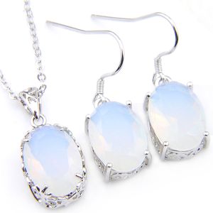 LuckyShine 5 Ensembles Ami Famille Cadeau Blanc Opale Ovale Boucles D'oreilles et Pendentif Chaîne Collier 925 Argent Femmes Mode Mariage Ensembles LIVRAISON GRATUITE