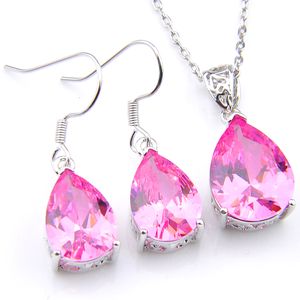 LuckyShine 5 Sets Crystal Zircon Water Drop Kunzite Oorbellen en Hanger Collier 925 Zilveren Vrouwen Mode Bruiloft Sets GRATIS VERZENDING!