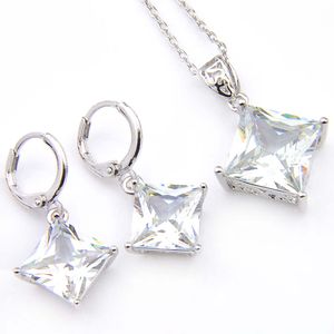 Luckyshine 5 sets bruiloft sieraden sets vierkante witte topaas kristal kubieke zirkonia 925 zilveren hangers kettingen oorbellen vakantie cadeau