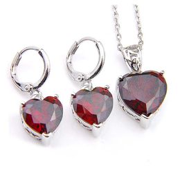 Luckyshine 5 set Set di gioielli da sposa Orecchini con pendenti Cuore Rosso granato Gemme Collane in argento 925 Fidanzamenti Gift226j