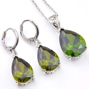 Luckyshine 5 ensembles cadeau de vacances goutte de feu Olive péridot cristal zircon cubique 925 argent pendentifs colliers boucles d'oreilles ensembles de bijoux de mariage