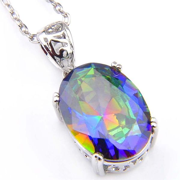 Luckyshine 6 Unids / lote Regalo de vacaciones Oval Arco Iris Azul Topacio Místico Piedra Preciosa 925 s Collares de Plata Cz Colgantes Joyería Unisex2400