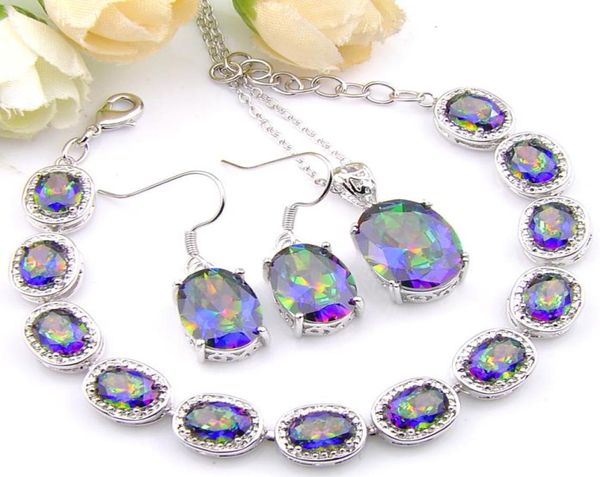 Luckyshine Fashionforward Oval Colorful Mystic Topaz 925 Collar de plata de ley Pulseras de circón Pendientes Colgantes Boda Jewe3611847