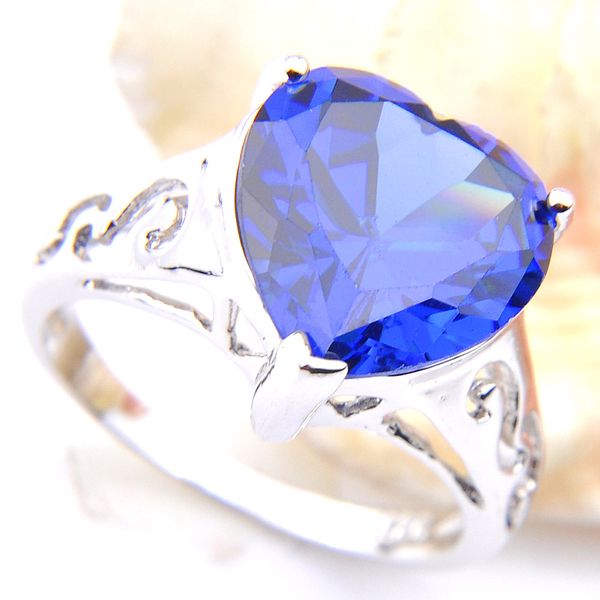 LuckyShine 6 unids/lote, anillos de regalo de vacaciones para amigos de la familia, gemas de Topacio Azul de corazón de amor, anillos de circonia cúbica de Plata de Ley 925 para mujer