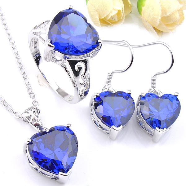 Luckyshine dame ensembles de fiançailles bleu en forme de coeur cristal zircone cubique 925 argent pendentifs boucles d'oreilles bagues ensembles de bijoux nouveau chaud