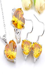 Luckyshine Lady Jewelry Set Golden Citrine Crystal Crystal Cumbic Zirconia 925 Silve Engagement Pendentif Boucles d'oreilles Rings5622204