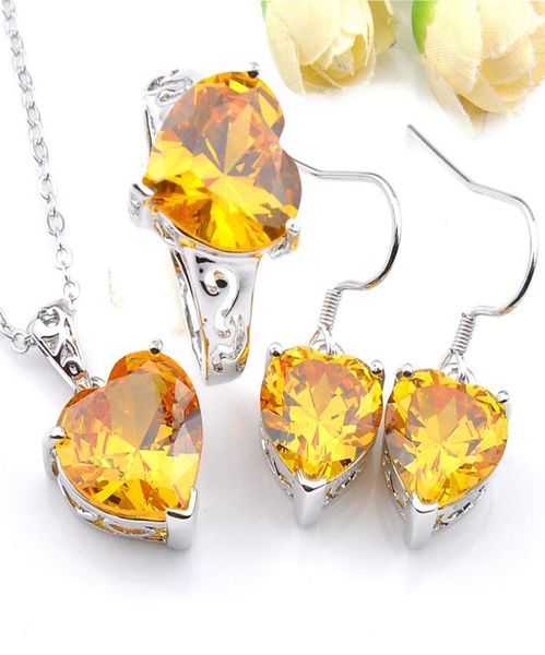 Luckyshine Lady Jewelry Set Golden Citrine Crystal Crystal Cumbic Zirconia 925 Silve Engagement Pendentif Boucles d'oreilles Rings3843518