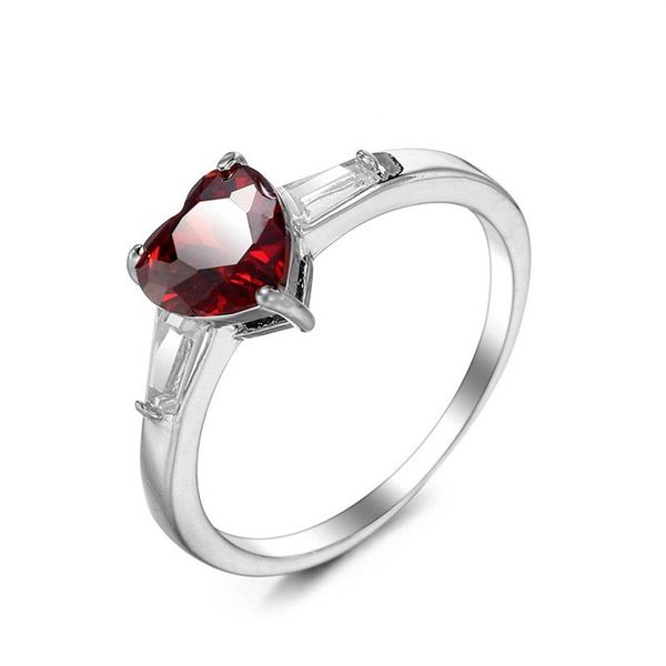 LuckyShine joyería para fiesta y boda gemas de granate en forma de corazón rojo plata para mujer anillos encantadores 10 pcs306j