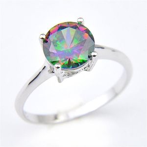 Luckyshine, joyería para mujer, anillos redondos de piedras preciosas de topacio místico arcoíris, anillos de compromiso de plata 925 con circonita con color de arcoíris #7 #8 #9245H