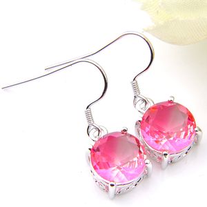 Luckyshine10 paar Valentijnsdag cadeau ronde roze watermeloen toermalijn edelstenen 925 Sterling zilveren Dangle haak oorbellen voor vrouwen sieraden