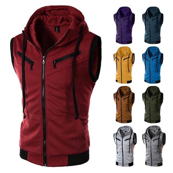 Lucléam Hommes sans manches Slim Fit Sweat à capuche à capuche Zipper Cordon de serrage Gilet Veste avec poches Veste Sans Manche Chalecos Para Hombre 211119