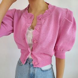 Lucyever Button Up Puff Sheeve Gebreide Cardigan Dames Zomer Casual Streetwear Dunne Trui Vrouw Korte Mouwen Vintage Cardigan 210521