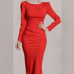 Lucyever robe élégante pour la fête des femmes Empire robes fendues irrégulières Femme automne coréen mince mi-mollet robe rouge Femme 210521