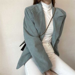 Lucyever Fall Blazers para mujer Chaqueta larga con muescas de pana Mujer Estilo elegante coreano Ropa de manga larga verde para mujer 211006