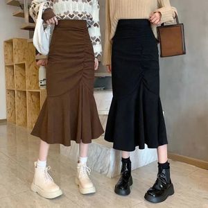 Lucyever Fashion High Taille MIDI -rokken voor vrouwen Spring slanke fit heup zeemeermin rok vrouw Koreaanse ruches bruin 2xl 240416