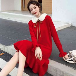 Lucyever col en fourrure tricoté robe en queue de poisson femmes volants manches Empire robes femme coréenne Preppy Style robe rouge pour les femmes 210521