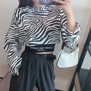 Lucyever High Street Style Zebra Motif Femmes T-shirt court Casual Rayé Chemise à manches longues Femme Mode Dames Tops 210521