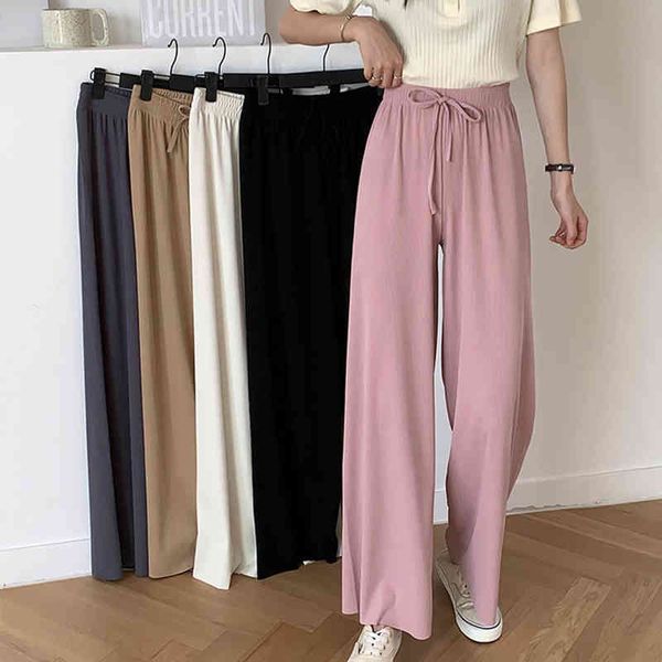 Lucyever Pantalones de mujer de cintura alta suave comodidad verano casual pantalones de seda de hielo sueltos mujer sólido tobillo-longitud pantalones de pierna ancha 210521