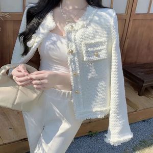 Lucyever Koreaanse Mode Geruite Tweed Jas Vrouwen Witte Ronde Hals Cropped Kwastje Jas Herfst Enkele Breasted Kantoor Dame Uitloper 240201