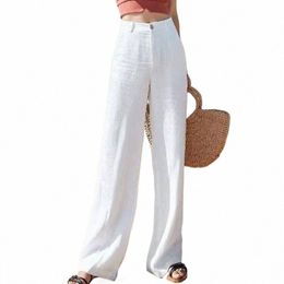 Lucyever Summer Cott Pantalones de lino Mujeres Cintura alta Cremallera Pantalones anchos blancos Mujer Casual Flojo Recto Pantalones completos Mujer I7Th #