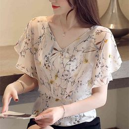 Lucyever zomer print v-hals chiffon blouse vrouwen mode vlinder korte mouw shirts vrouw casual plus size tops dames 210521