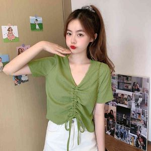 Lucyever zomer vrouwen sexy trekkoord t-shirt ruches v-hals korte mouwen shirts vrouw Koreaanse mode effen kleur tops dames 210521