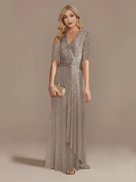 Lucyinlove luxe étage longueur col en V robe de soirée 2024 femmes élégante fête Maxi robe paillettes manches courtes bal robe de cocktail 240130