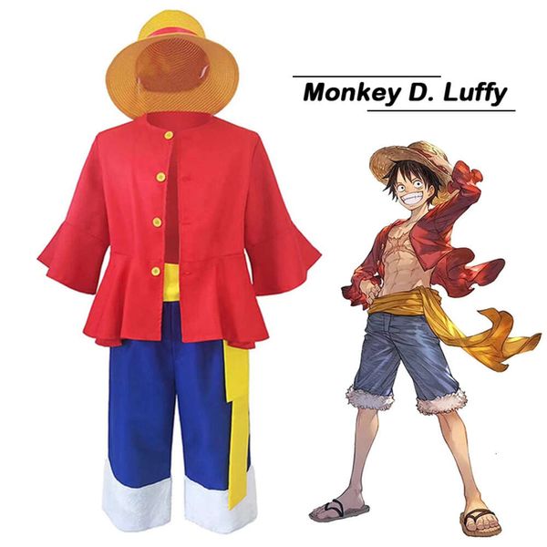 Disfraz de Luffy para niños adultos Monkey D. Luffy Disfraces de cosplay Tops rojos Camisa Pantalones cortos Traje de sombrero Trajes de Halloween para mujeres Mencosplay