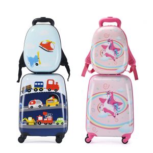 Bagages dessin animé Kids Suitcase on Wheels Boy and Girl Mignon bagages avec petit sac à dos Ensemble de chariot