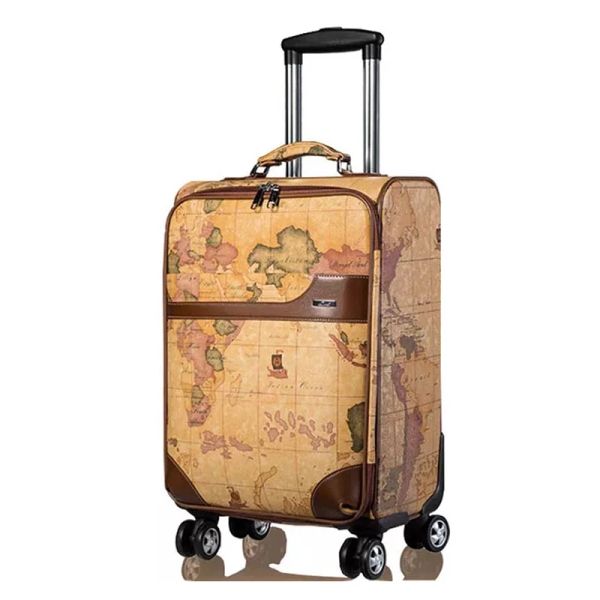 Luggage Dernière Map World Map Pu Rolling Spinner Spinner Men Women Trolley Suitcase on Wheels 20/24 pouces Carry on Password Travel Sac de voyage