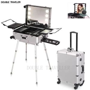 Bagage Nieuwe professionele Rolling Cosmetic Case Beauty Makeup Trolley koffer LED Licht Mirror Bagage Aluminium frame Vouwtafel