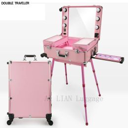 Bagage Professional Rolling Cosmetic Case Beauty Makeup Trolley koffer LED Licht Mirror Box Pink Bagage Aluminium frame Vouwtafel